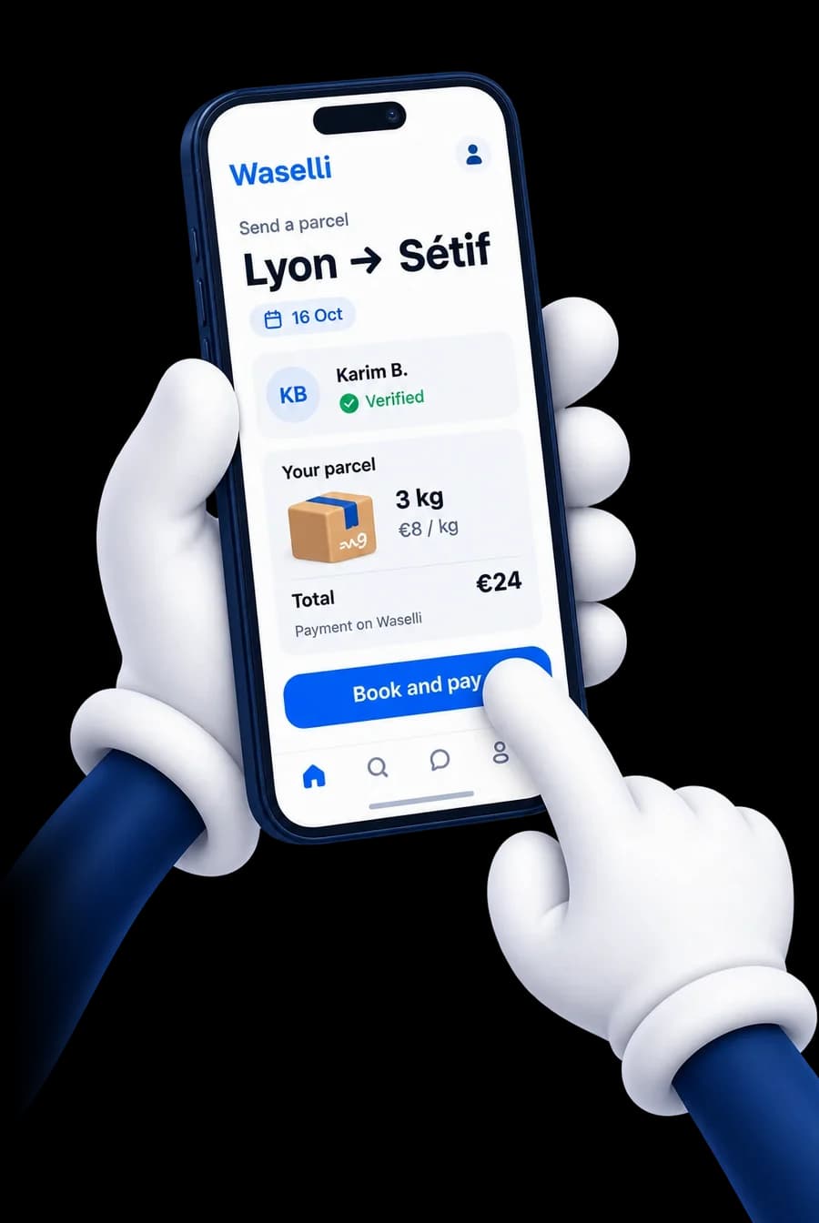 Écran de réservation Waselli : Lyon → Sétif, 3 kg, total 24 €